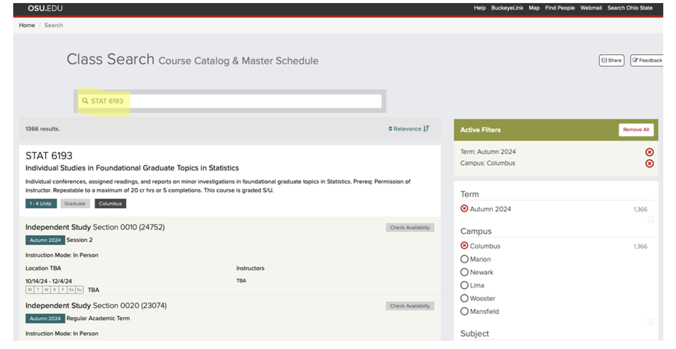 An example of a course search result with the search text highlighted